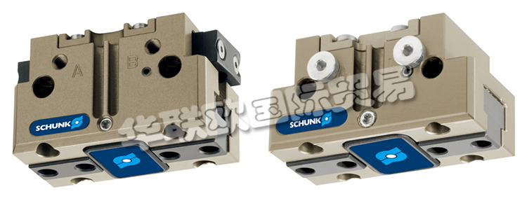 SCHUNK機(jī)械爪手JGP64-1帶雙平動(dòng)機(jī)械手的旋轉(zhuǎn)頭，可在機(jī)器內(nèi)同時(shí)裝載和卸載工件。在壓縮空氣的作用下，橢圓形活塞上下移動(dòng)。楔式結(jié)構(gòu)的有角度活動(dòng)表面使基爪能夠同步平動(dòng)。